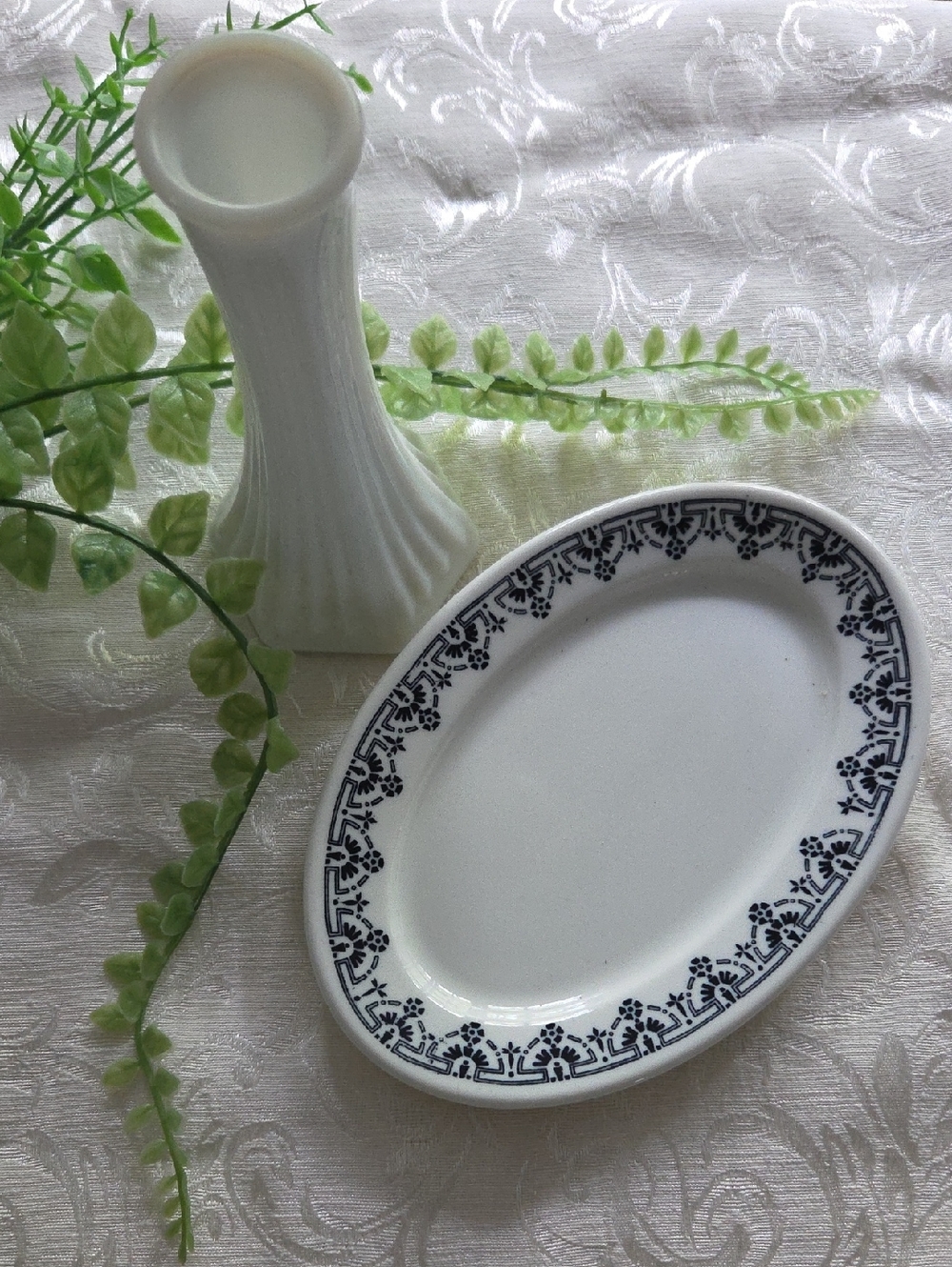 Set/ Vintage Milk Glass Bud Vase And Old Ironstone Oval Dish with Blue Border.